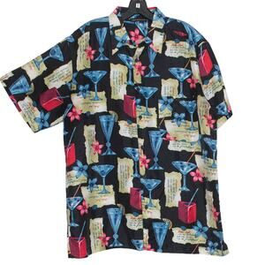 Massini Mens Shirt Silk Y2K Tropical Resort Vacation Retro Hawaiian Black Large